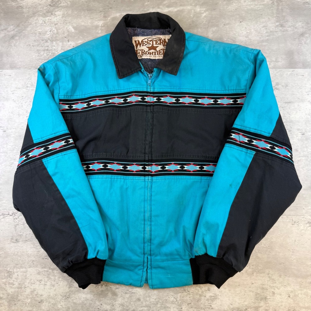 Western Frontier Mens Southwestern Canvas Bomber Jacket Turquoise Black Tribal